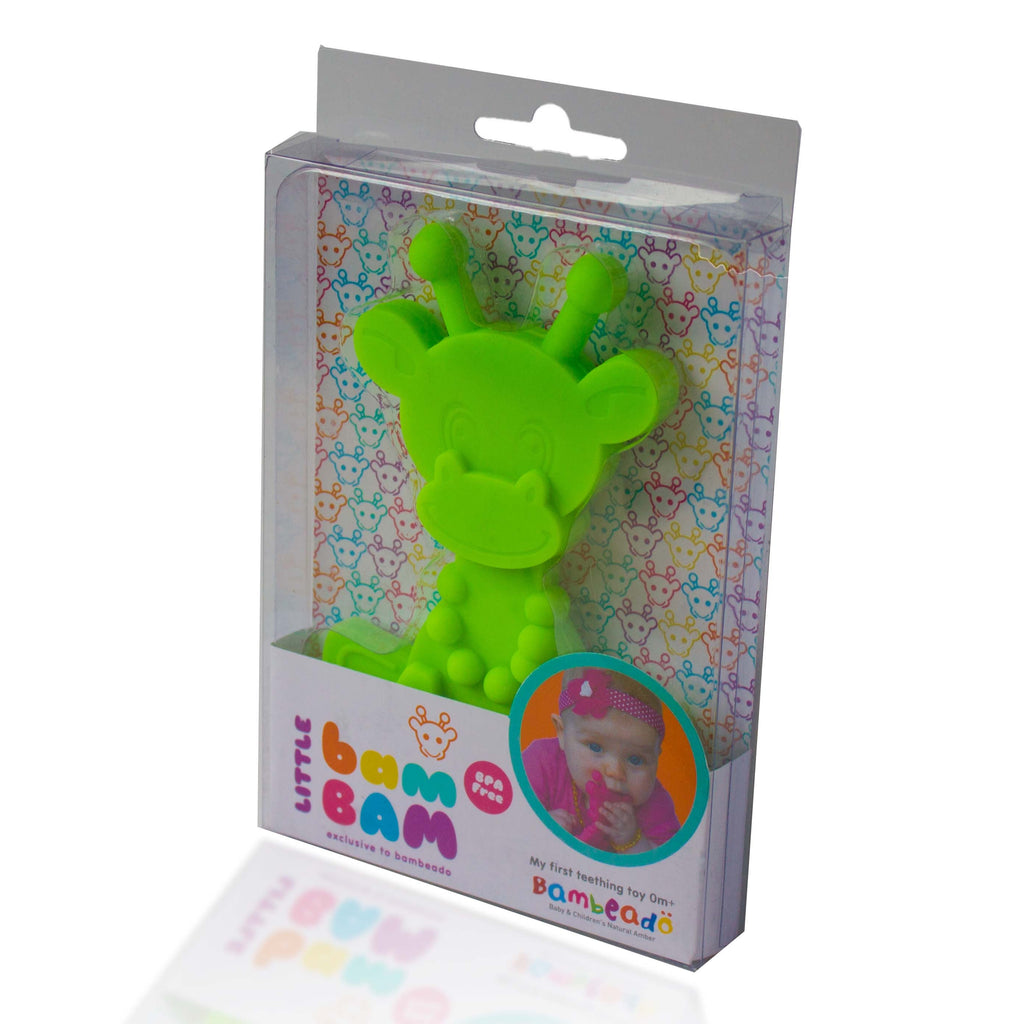 Lime green giraffe teething toy in retail box with illustrated backing
