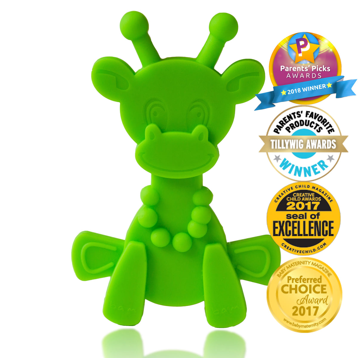 Lime green giraffe teething toy front view with award seal