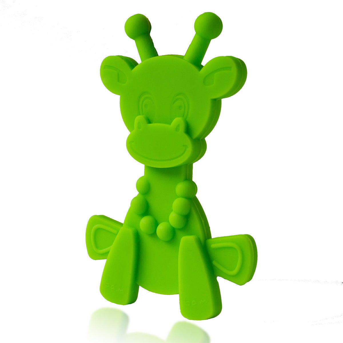 Lime green giraffe-shaped baby teething toy with textured nubs