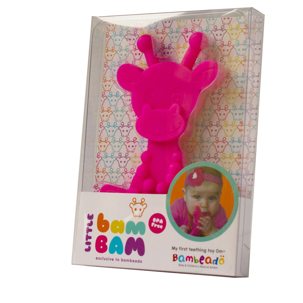 Magenta baby teething toy in a clear retail box with character figure