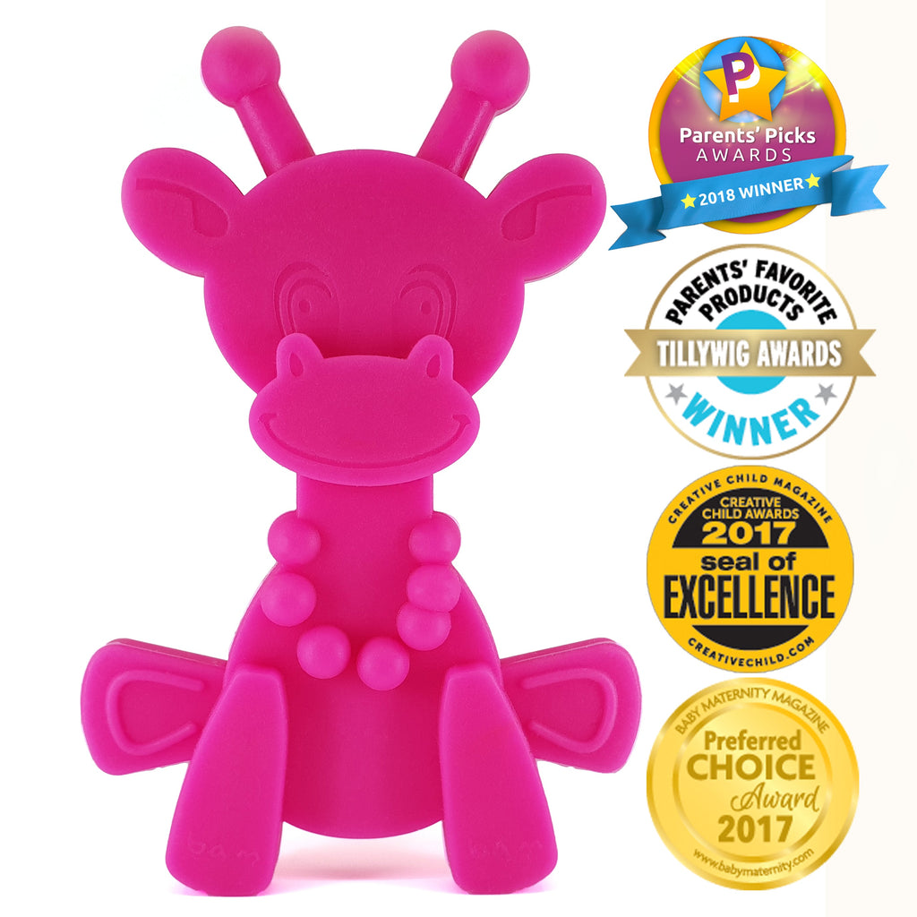 Magenta baby teething toy shown with award seals on the retail box