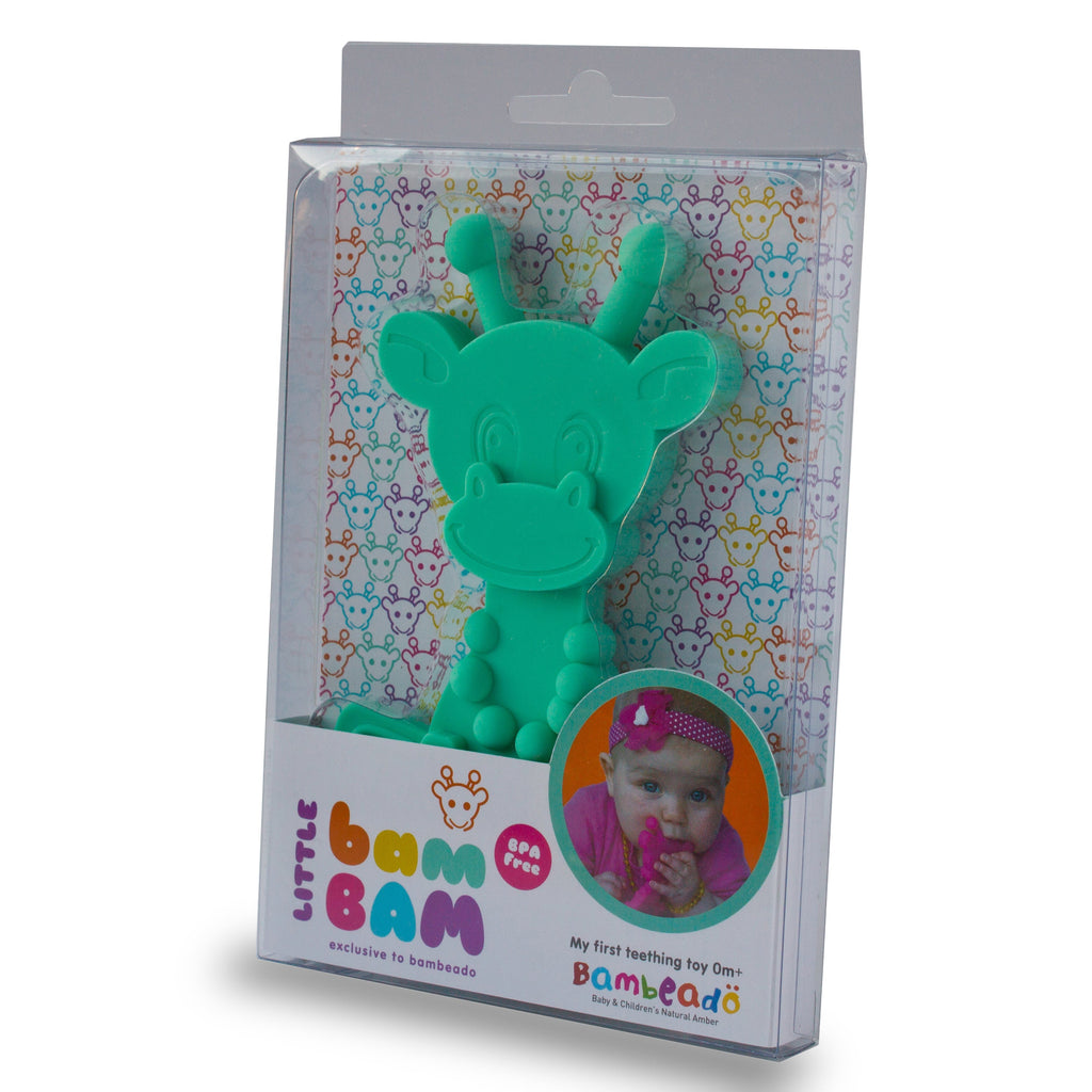 Turquoise bear-shaped baby teething toy in retail packaging