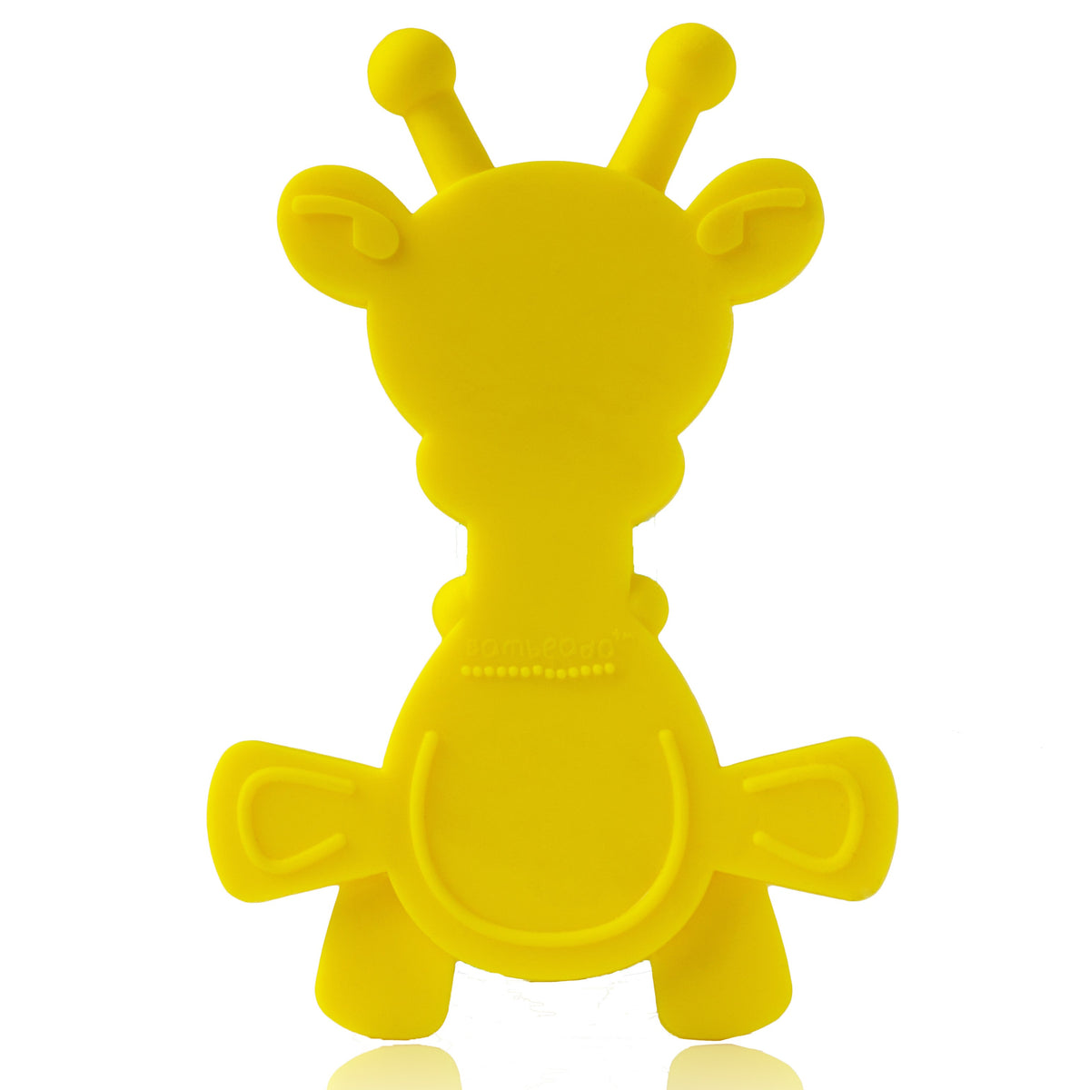 Yellow giraffe baby teething toy standing upright with textured body details