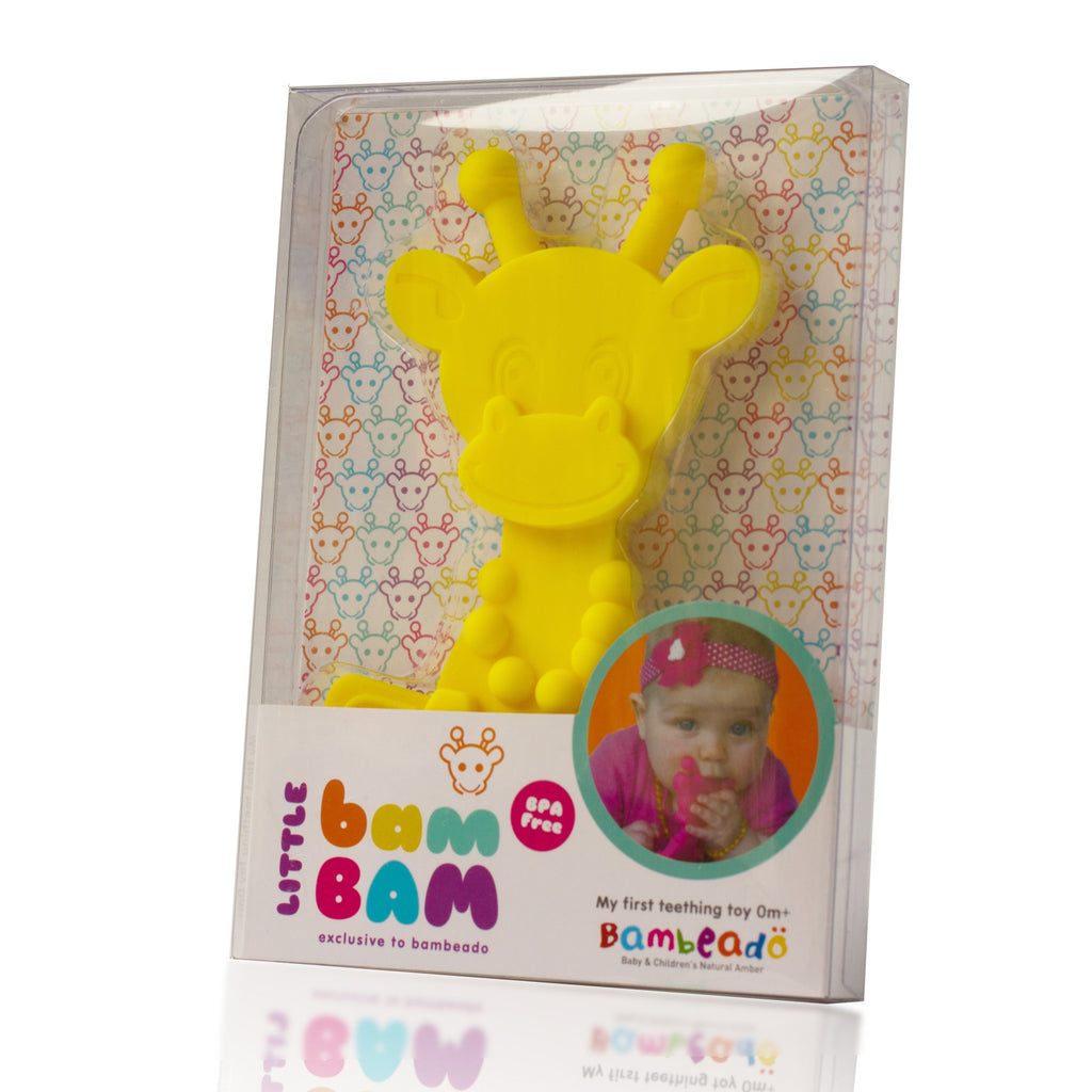 Yellow giraffe baby teething toy in retail gift box