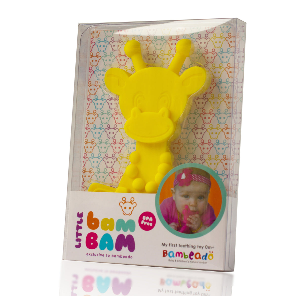 Yellow giraffe baby teething toy in retail gift box