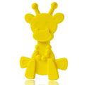 Yellow giraffe baby teething toy with raised facial features and textured body