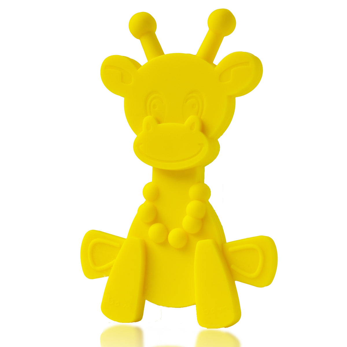 Yellow giraffe baby teething toy with raised facial features and textured body
