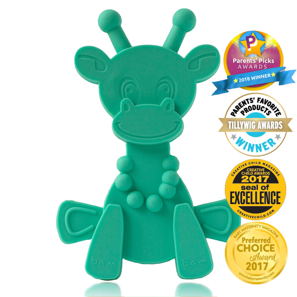 Turquoise bear-shaped baby teething toy with award medallions