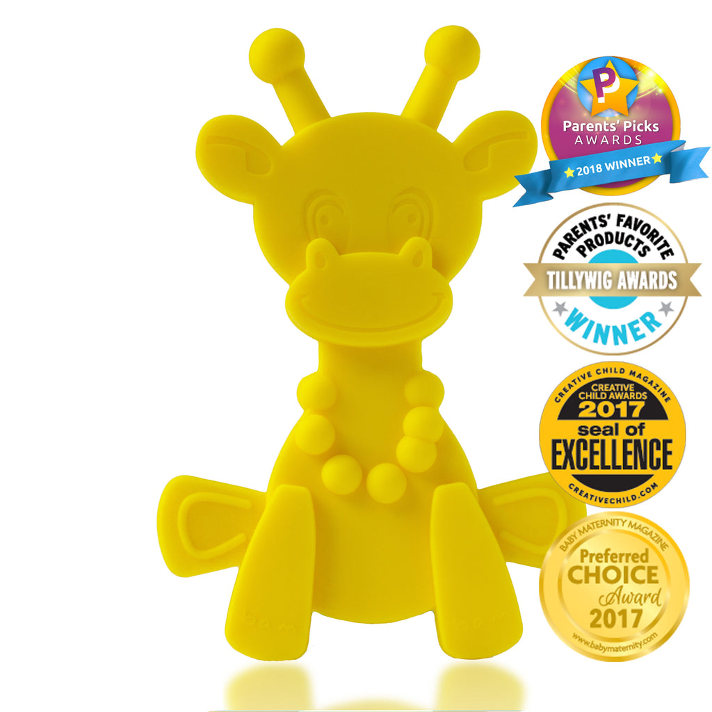 Yellow giraffe teething toy with molded bumps and button-like details