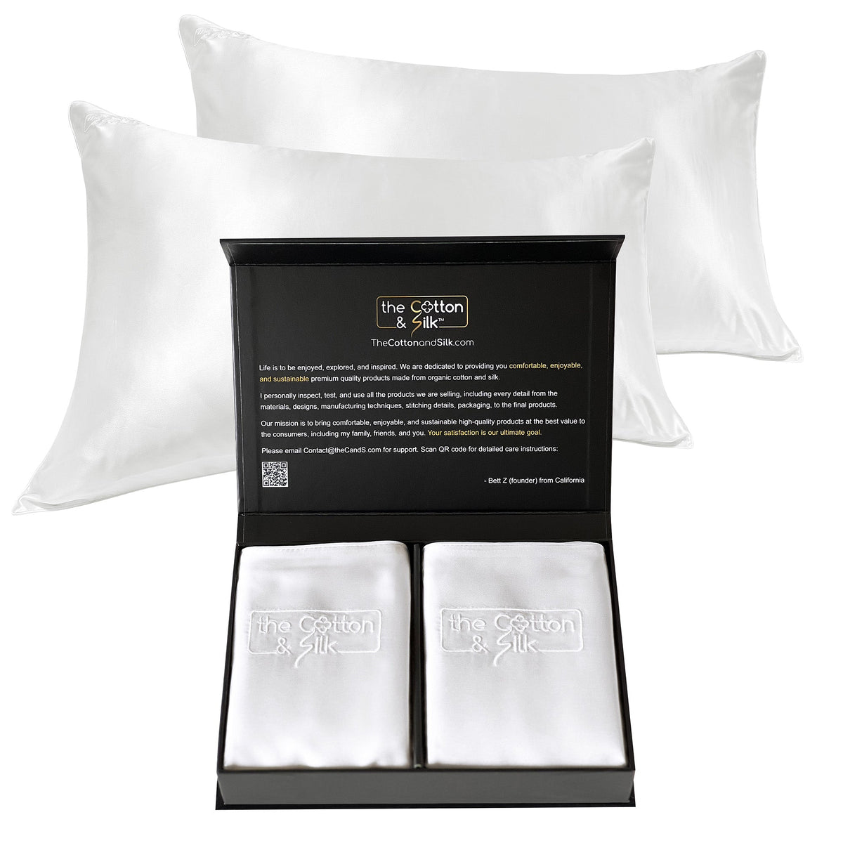White mulberry silk pillowcase set of 2 in gift box with two folded pillowcases