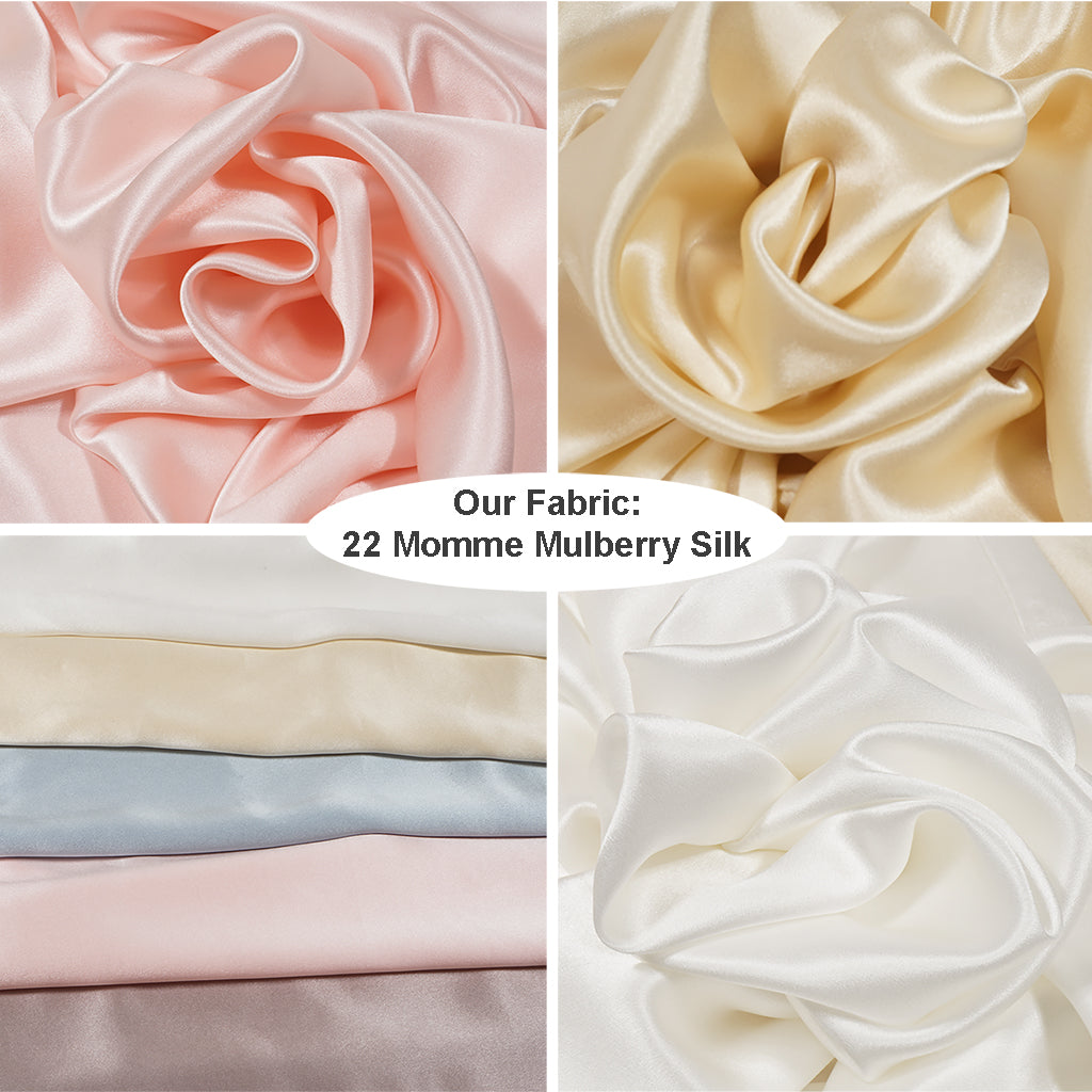 Mulberry silk fabric swatches in satin folds, including white, pink, and cream