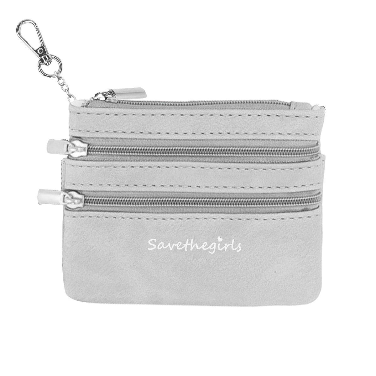 Light gray zippered pouch with 3 zippers and silver keychain ring