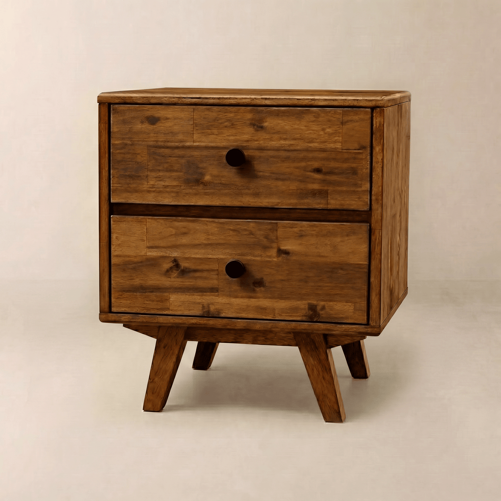 Solid wood nightstand with two drawers, round knobs, and tapered wooden legs.