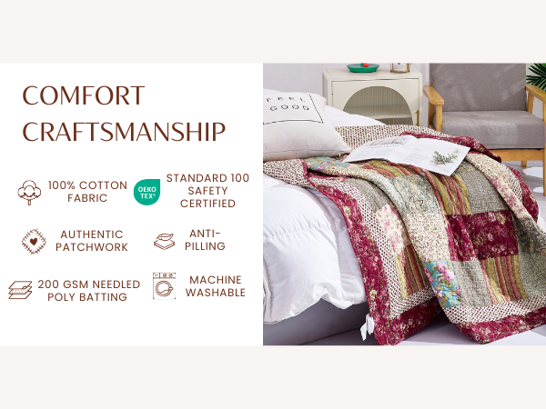Quilted patchwork throw blanket on bed, beige and burgundy floral and striped panels.