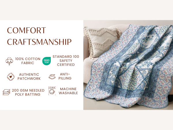 Blue-and-white floral quilt throw with textured surface and frill-like trim edges
