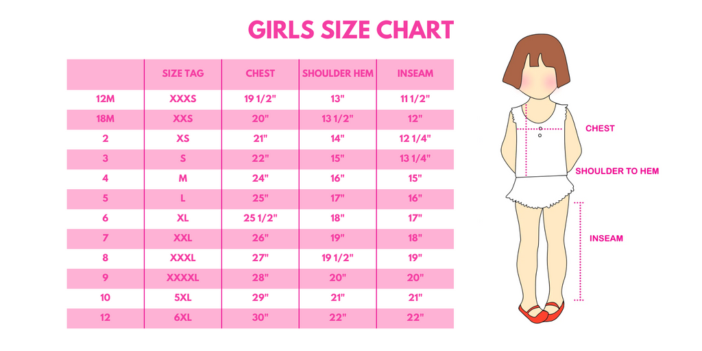 Girls size chart table with chest, shoulder to hem, and inseam measurements