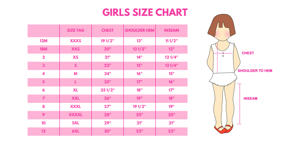 Girls size chart table with chest, shoulder to hem, and inseam measurements