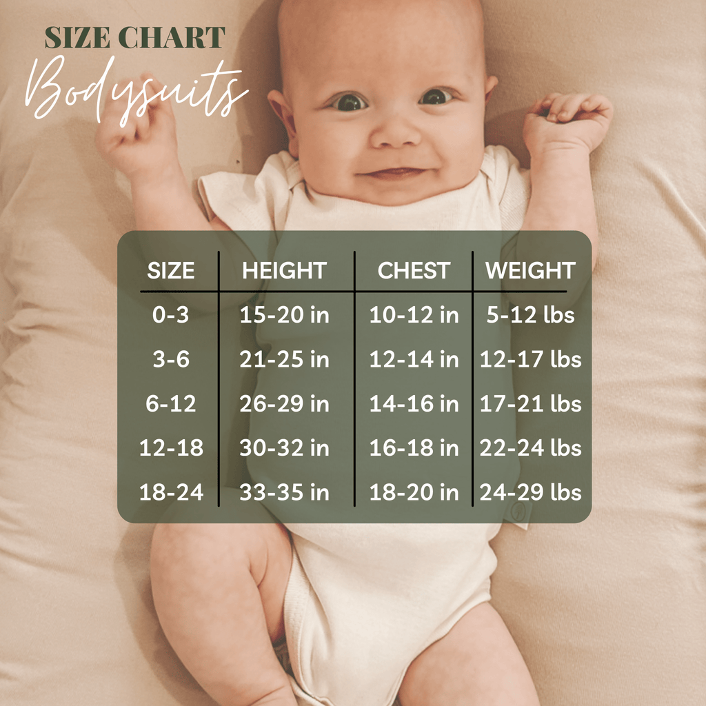 White baby bodysuit on smiling infant with size chart overlay.
