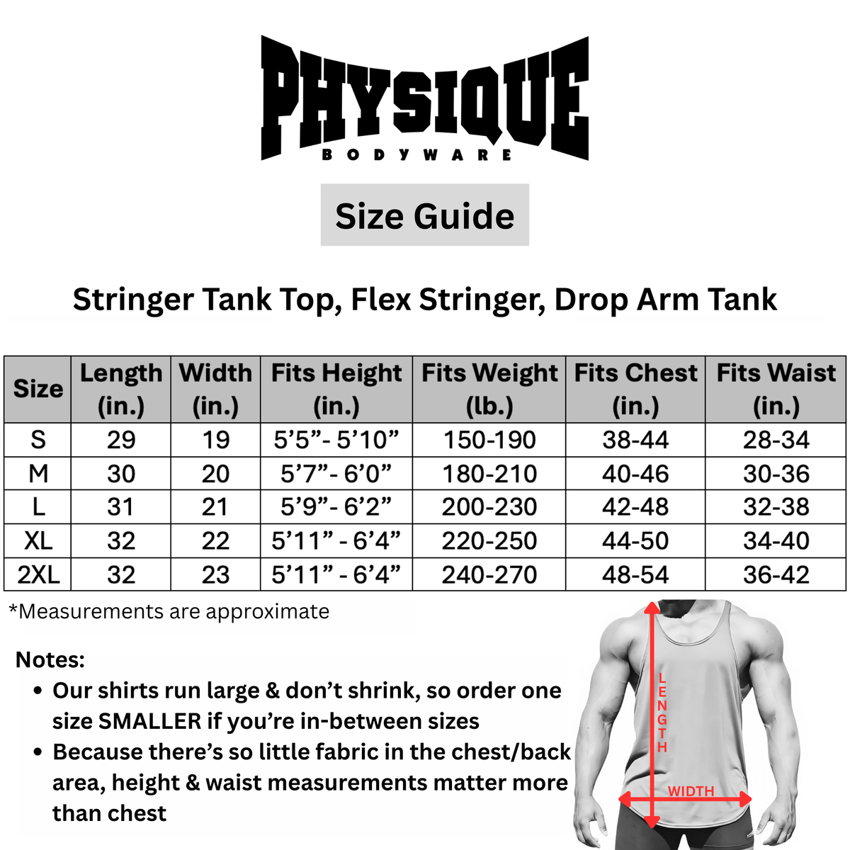 Bodyware drop arm tank size guide chart with length, width, fit measurements