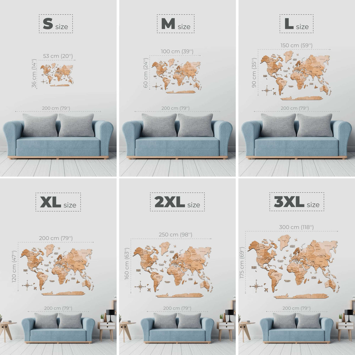Wooden world map wall decor shown in multiple sizes, from S to 3XL