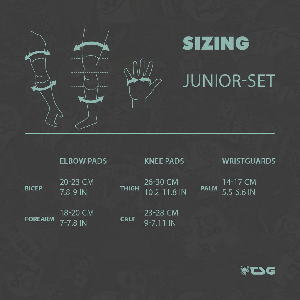 Junior skate pad set sizing chart graphic with elbow, knee, and wrist pad measures