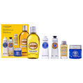 Body care gift set with almond shower oil bottle and shea butter cream jar, assorted sizes