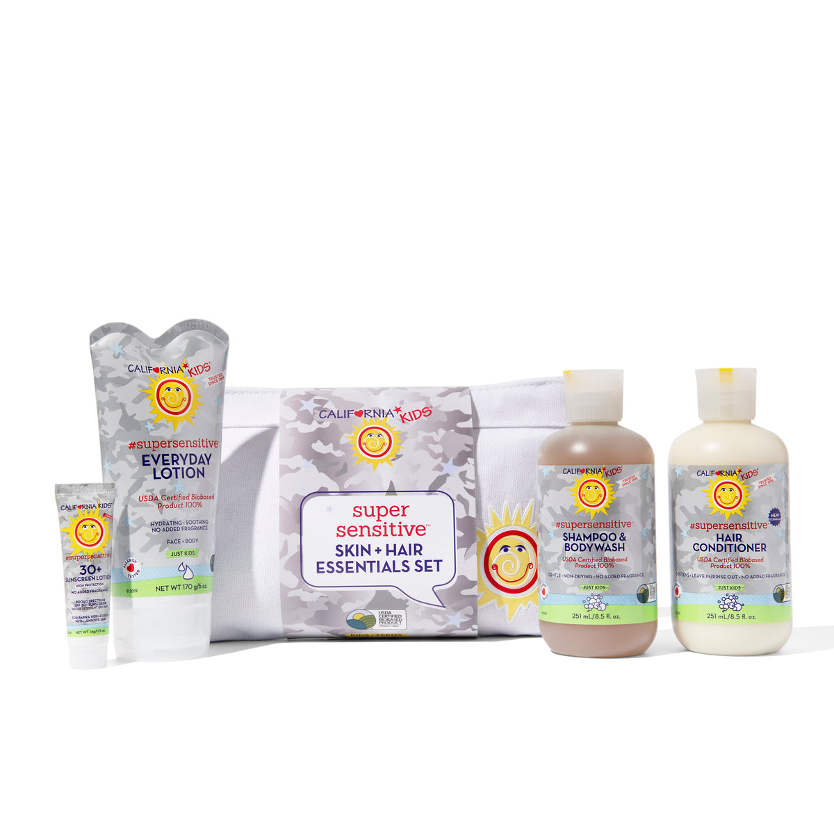 Kids super-sensitive hair and body care essentials: lotion, shampoo, conditioner, body wash