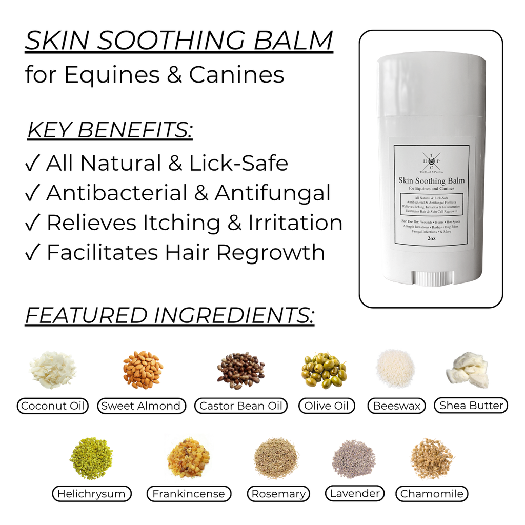 Skin soothing balm label and key benefits ingredient icons on package