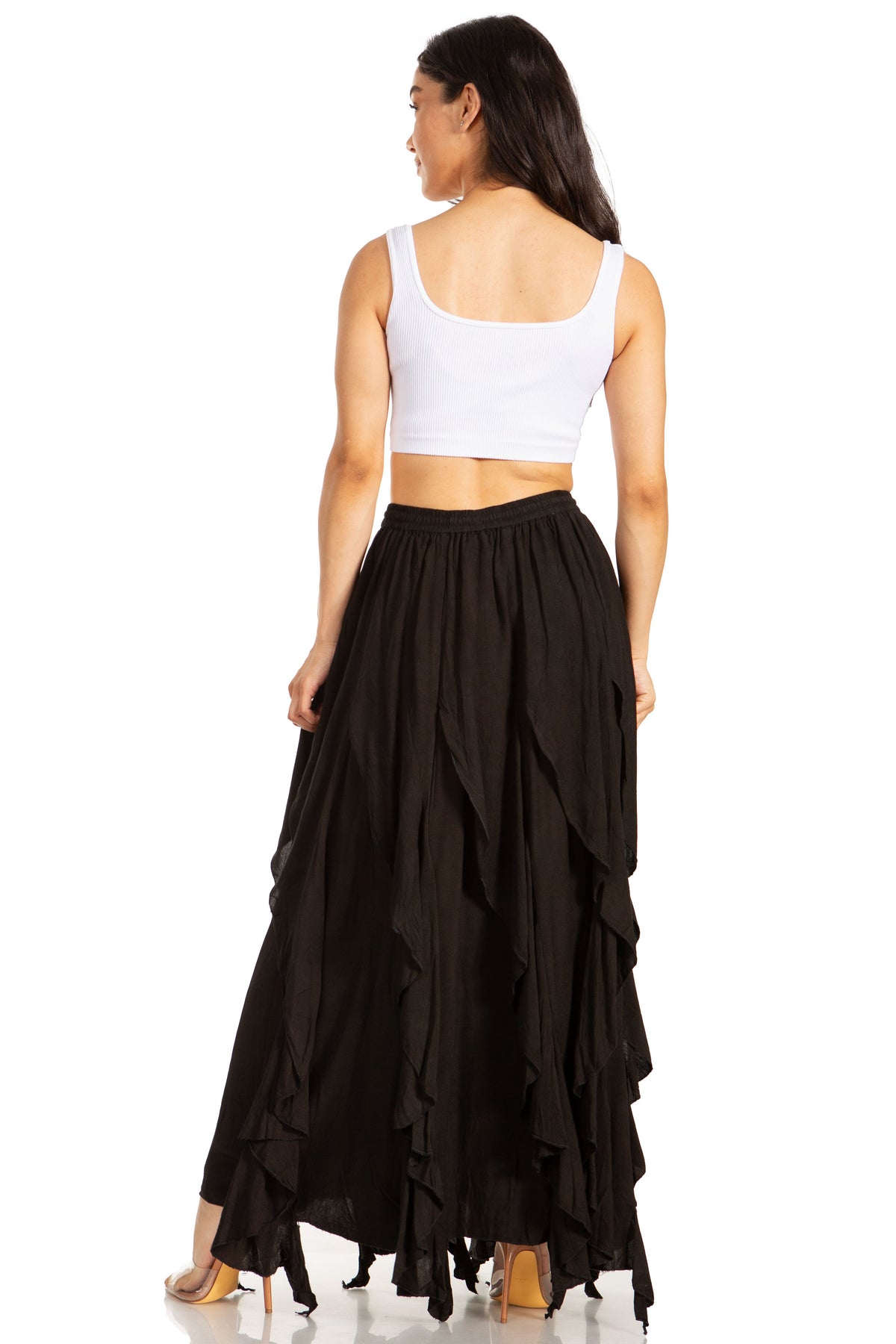 Black tiered maxi skirt (back view) with elastic drawstring waist and asymmetrical hem