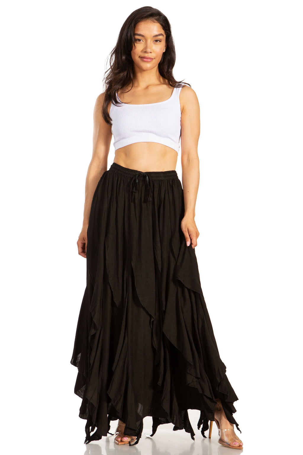Black tiered maxi swing skirt with elastic waist and drawstring, flowing asymmetrical layers