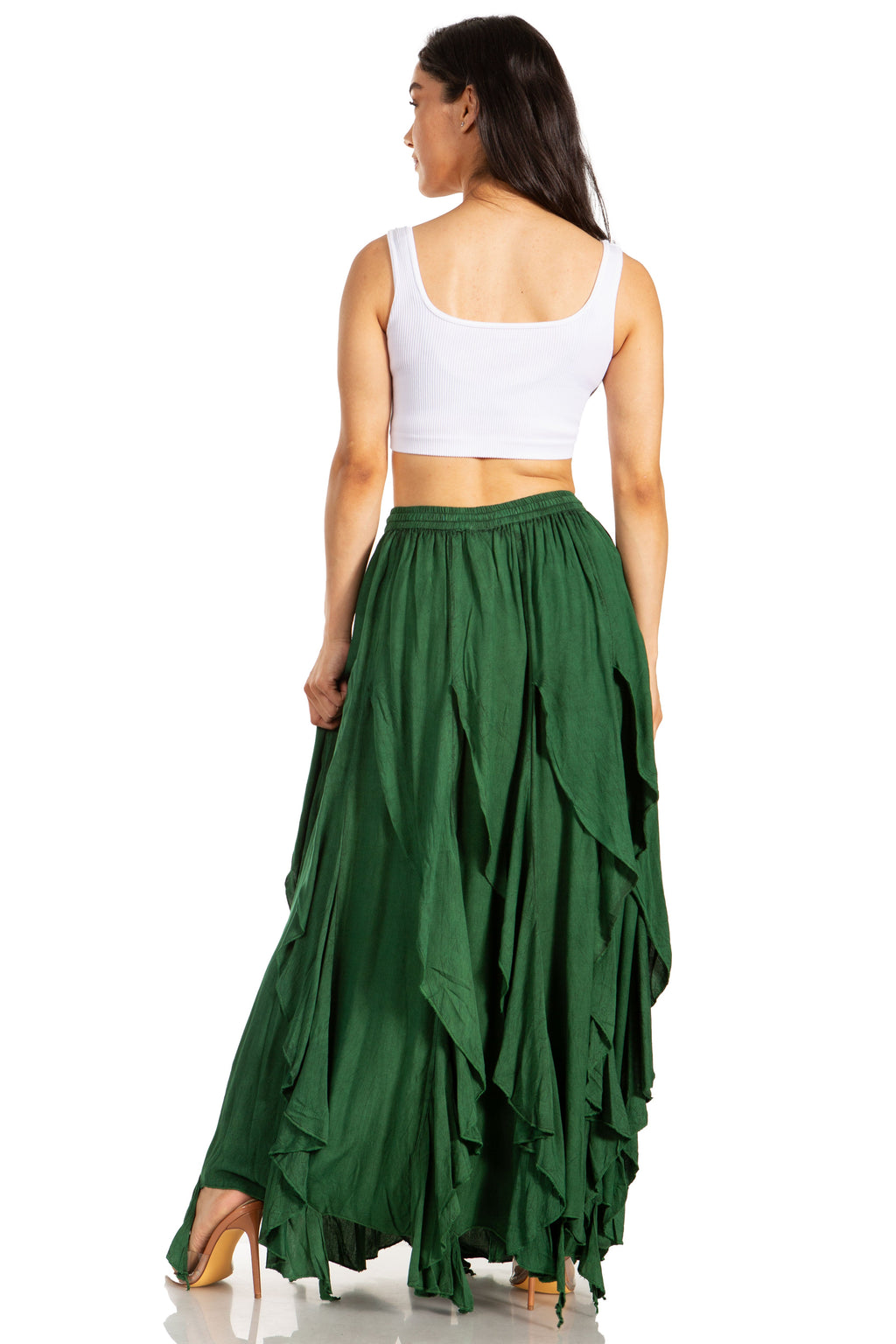 Green tiered maxi skirt (back view) with elastic drawstring waist and asymmetrical hem