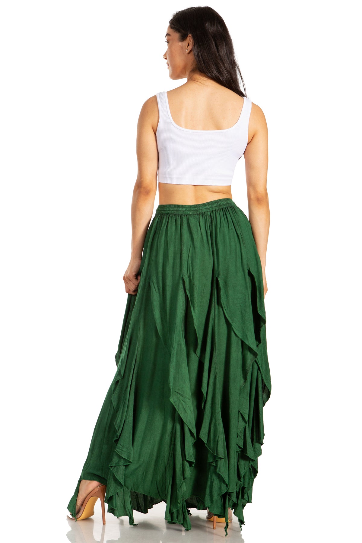 Green tiered maxi skirt (back view) with elastic drawstring waist and asymmetrical hem