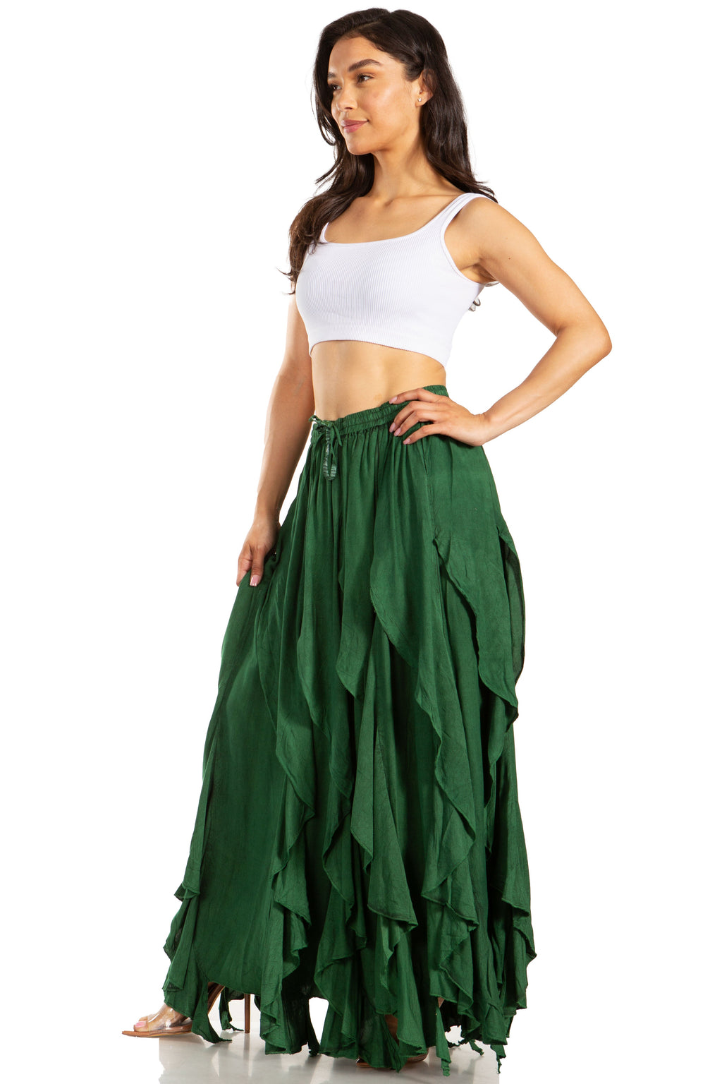 Green bohemian tiered maxi swing skirt with elastic drawstring waist and asymmetrical hem