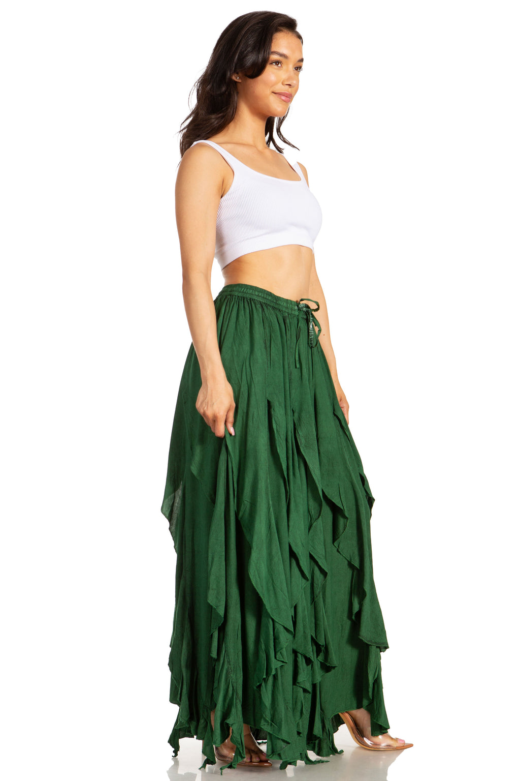 Green tiered maxi swing skirt with elastic drawstring waist and layered asymmetrical hem