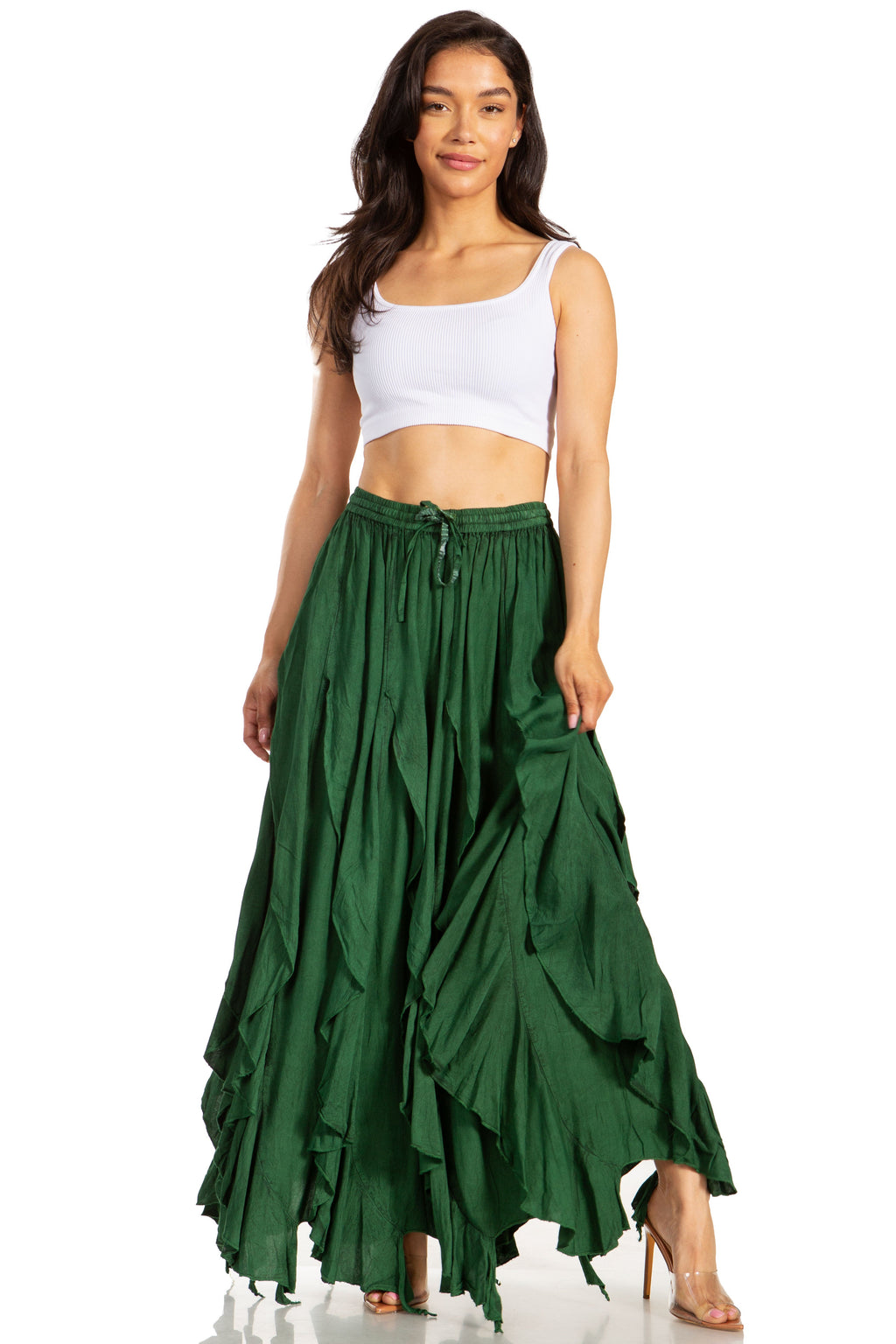 Green tiered maxi swing skirt with elastic waistband and drawstring, draped asymmetrical layers