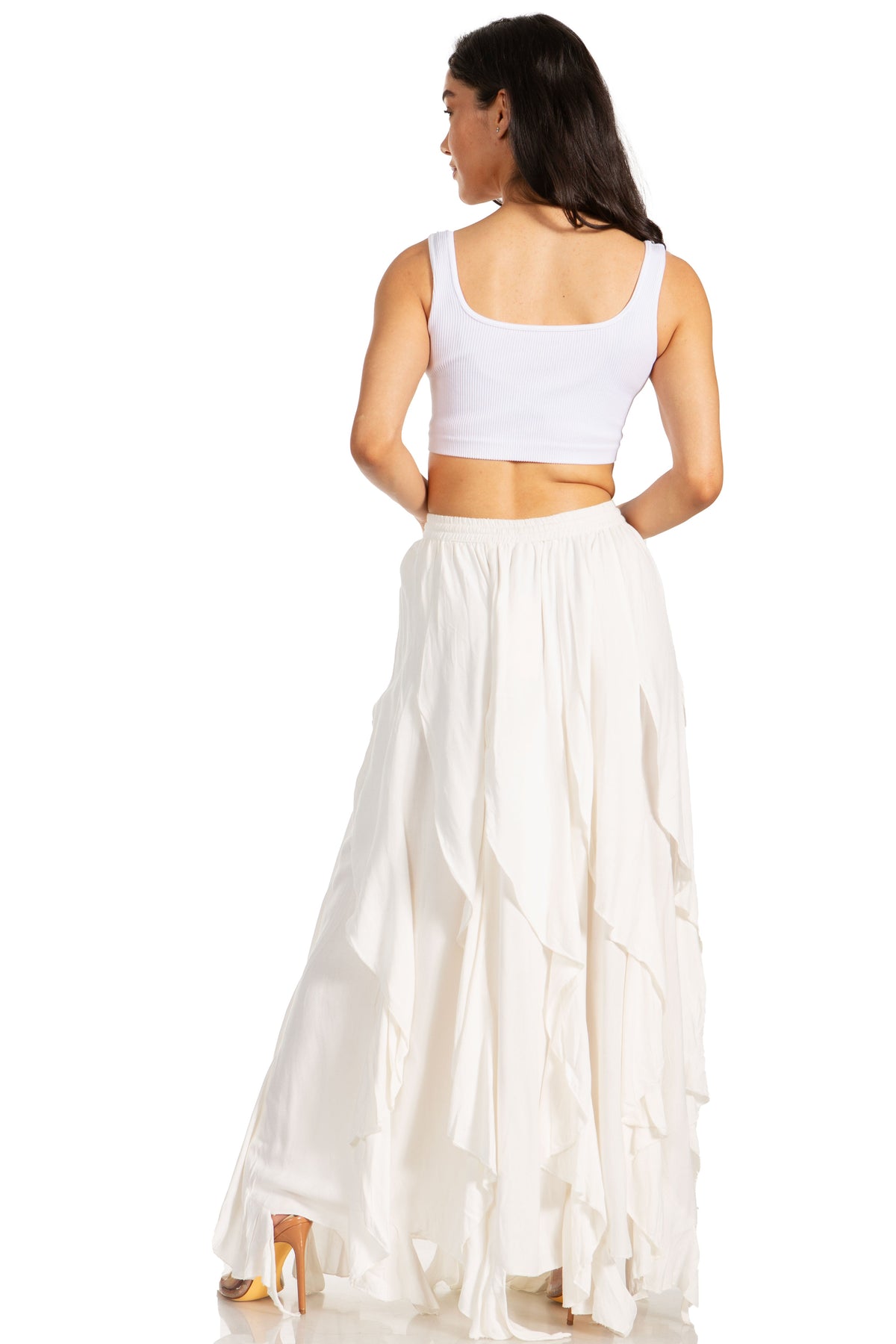 Ivory tiered ruffle maxi skirt with elastic waist, asymmetrical hem, back view