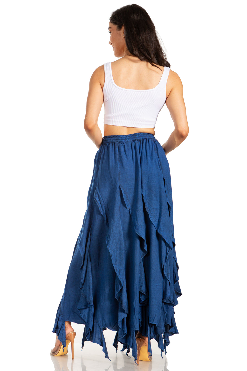 Navy tiered ruffle maxi skirt with elastic waist, asymmetrical hem, back view