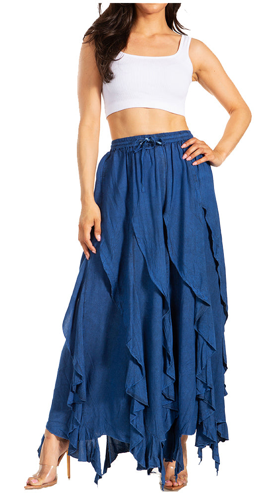 Navy maxi swing skirt with elastic waist and tiered ruffle layers, asymmetrical hem