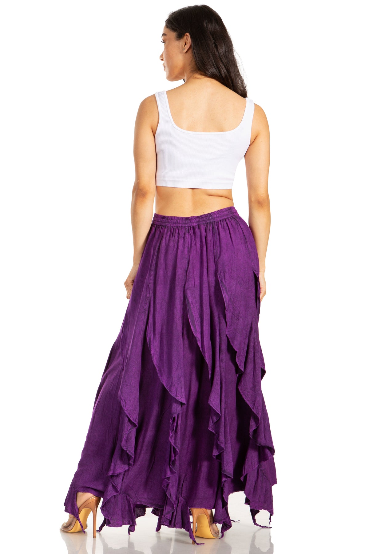 Women’s bohemian maxi skirt in purple with flowy layered ruffles and elastic waist, side view.