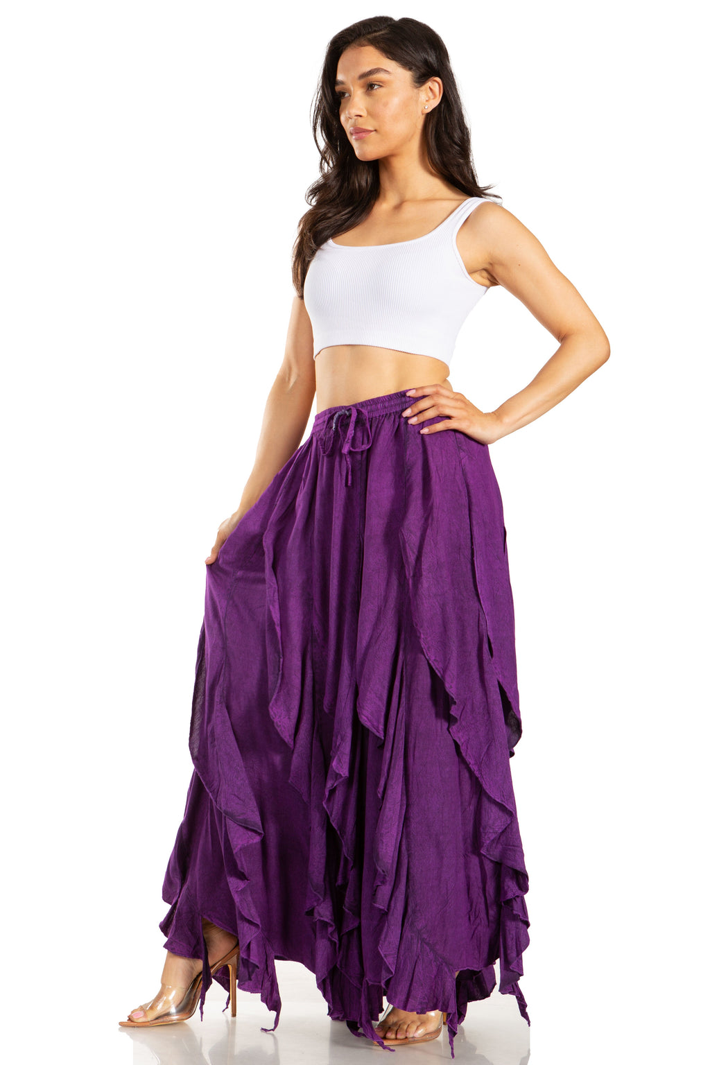 Women’s bohemian maxi skirt in purple with tiered ruffles and elastic waist, full length view.