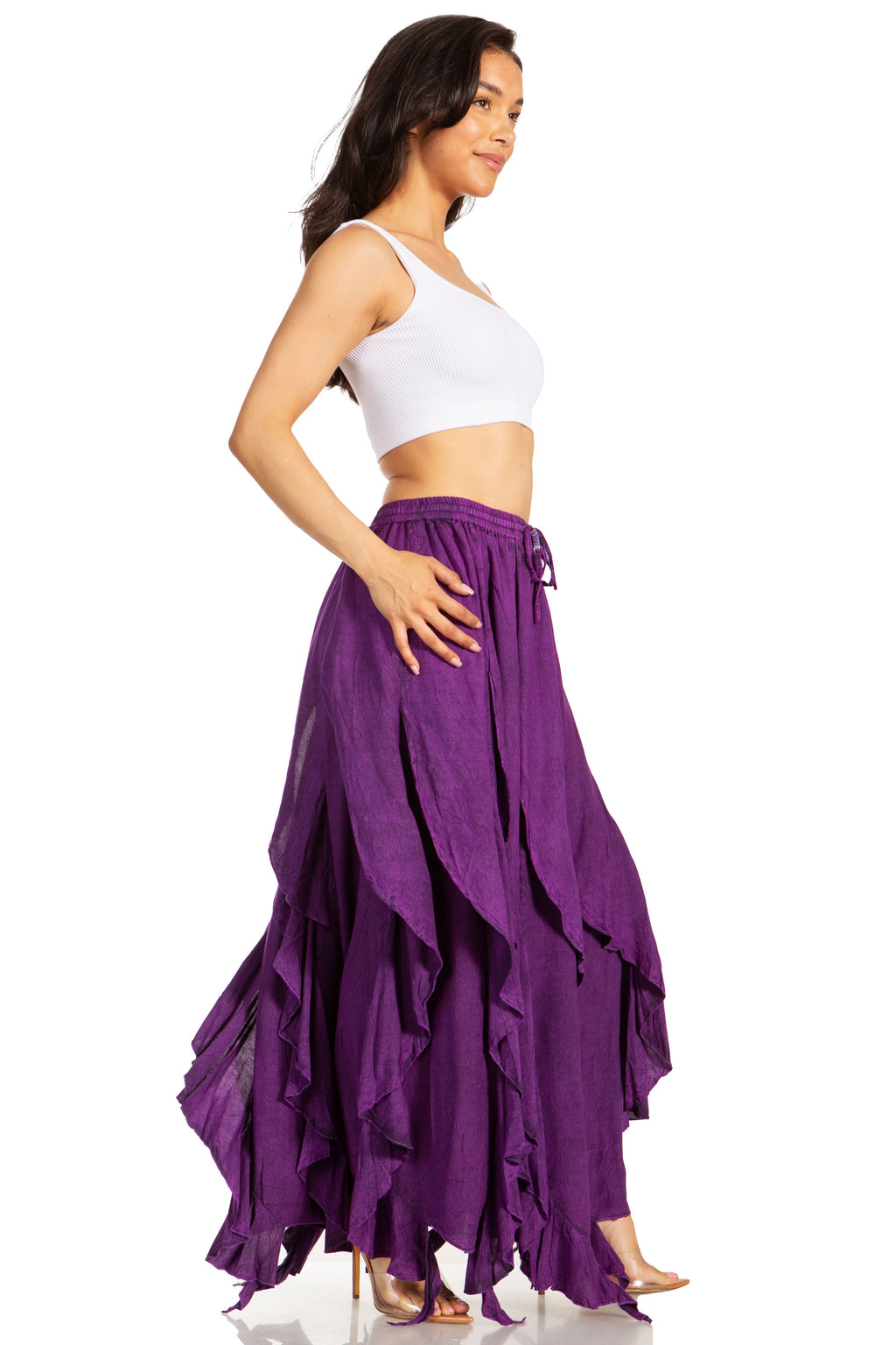 Women’s bohemian maxi skirt in purple with asymmetrical tiered ruffle hem and elastic waist.