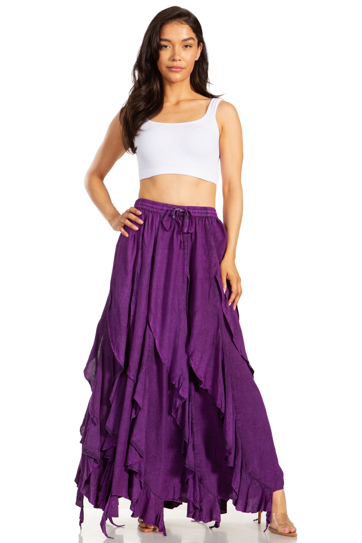 Women’s bohemian maxi skirt in purple with gathered elastic waist and layered ruffle tiers.