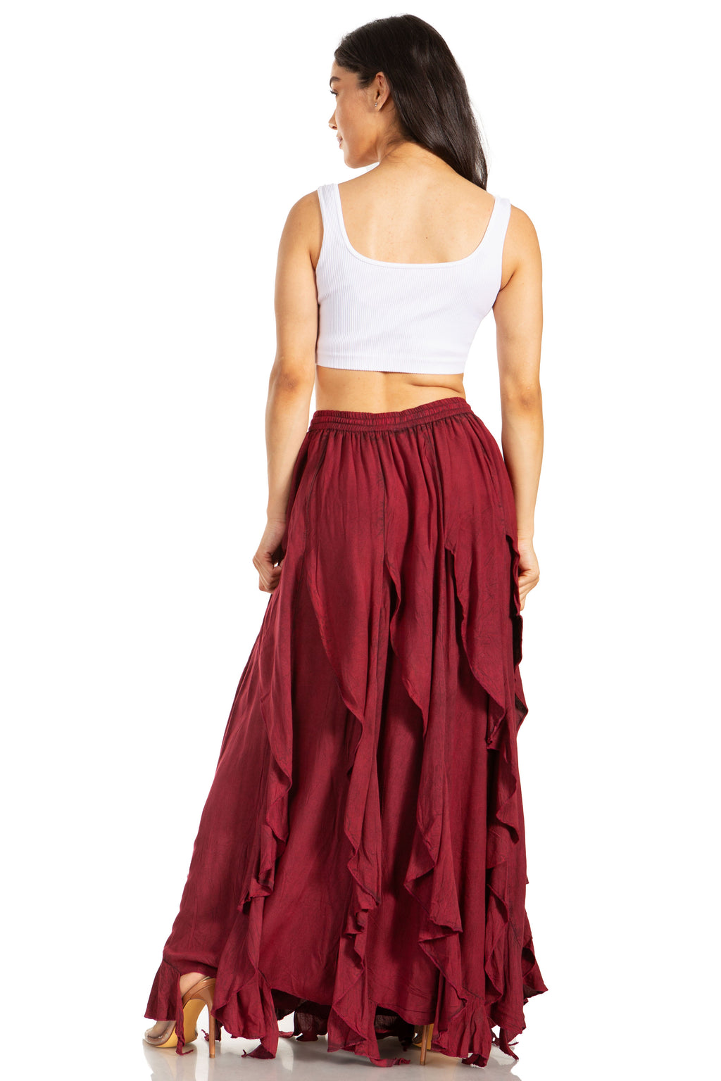 Women’s bohemian maxi skirt in wine with layered ruffles and elastic waist, back view.