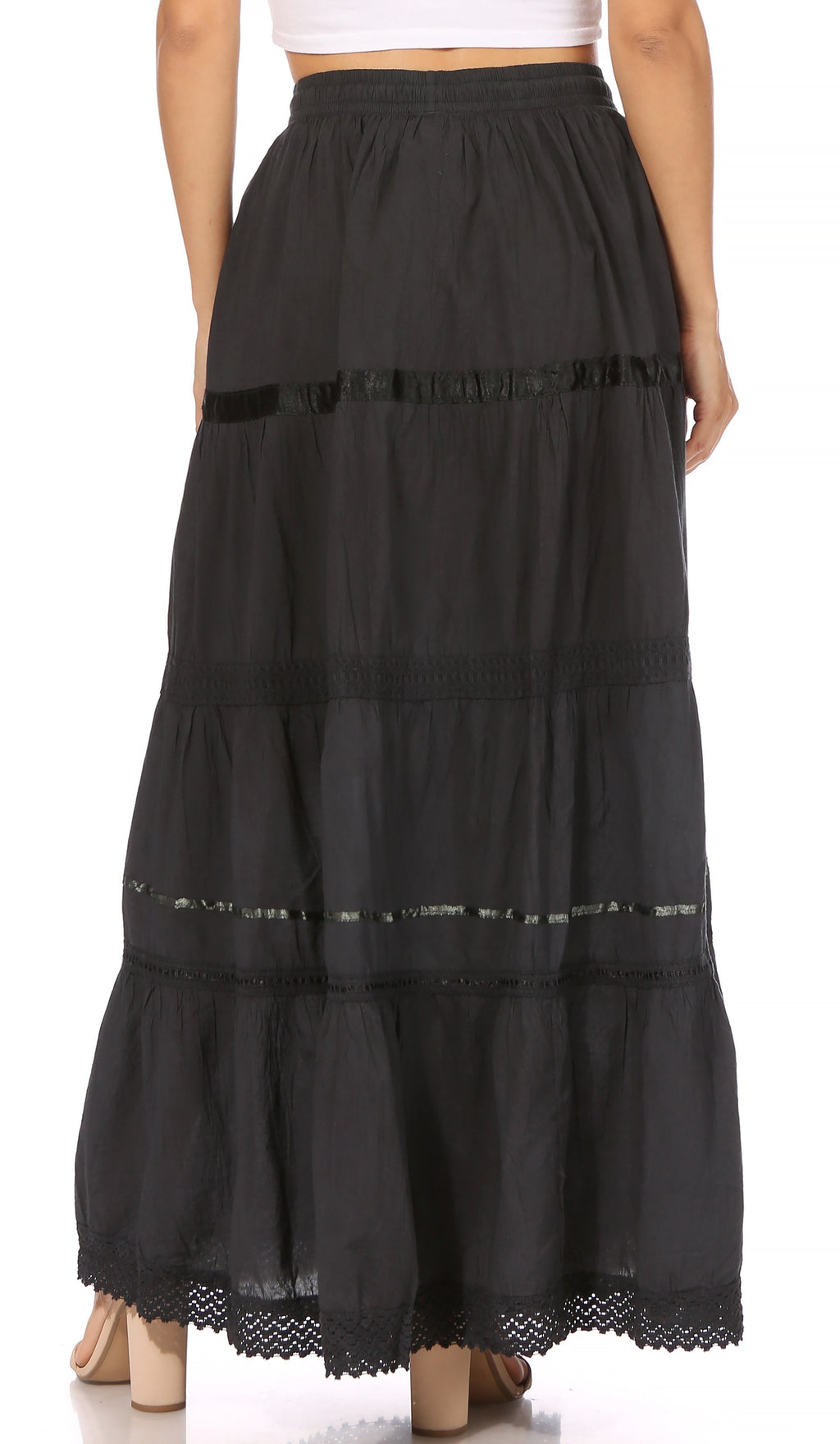 Black long cotton gypsy skirt with tiered ruffles, embroidered details, and lace hem