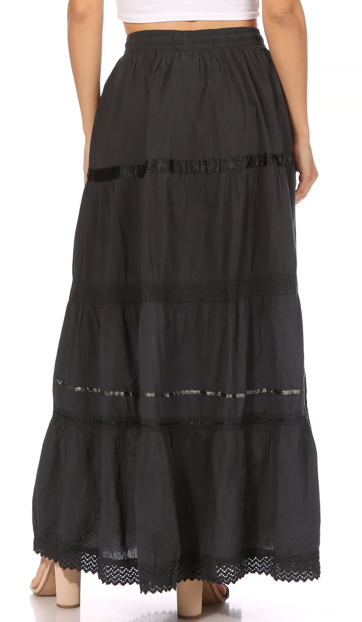 Black long cotton gypsy skirt with tiered ruffles, embroidered details, and lace hem