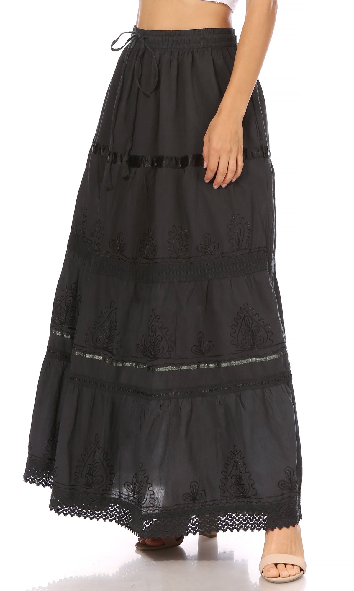 Black long cotton tiered gypsy skirt with embroidered motifs and lace scalloped hem