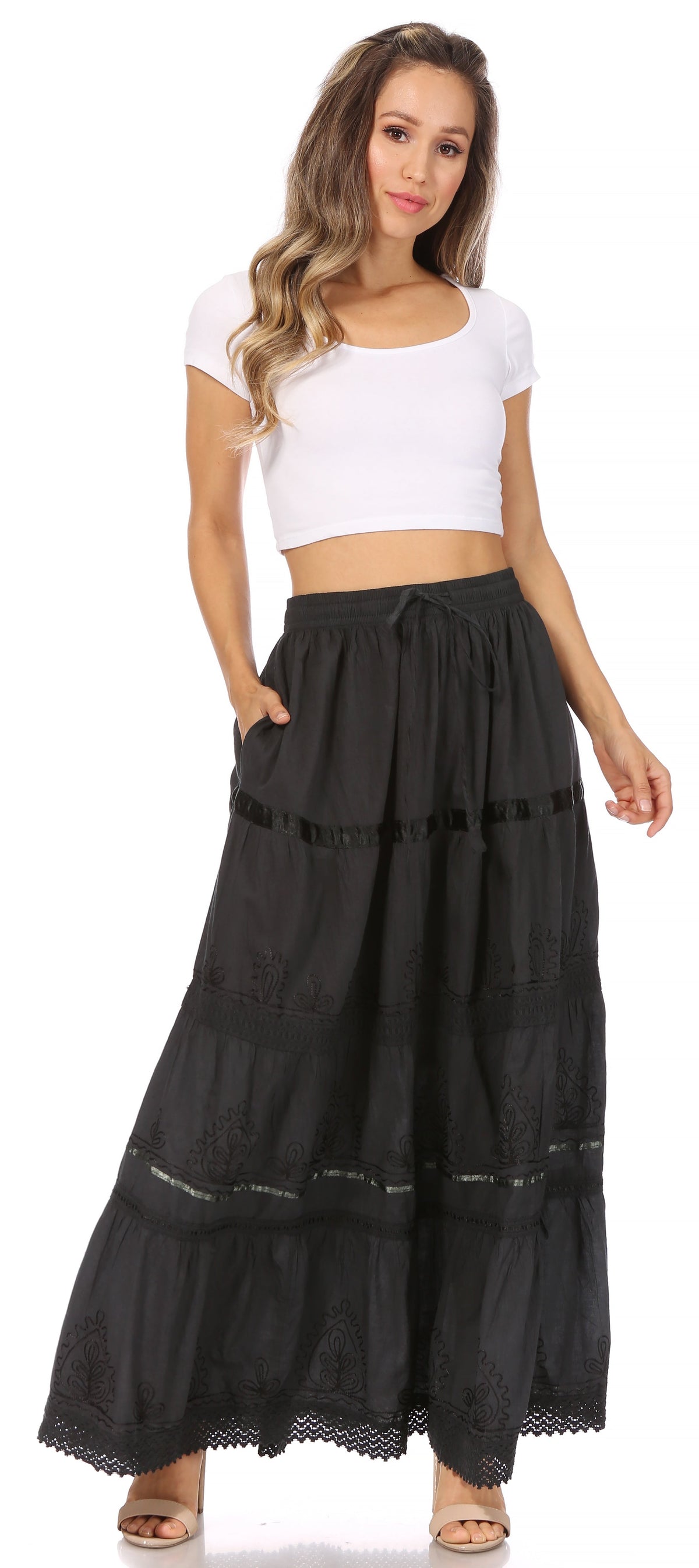 Black long cotton tiered gypsy skirt with embroidered panels and lace-trim bottom