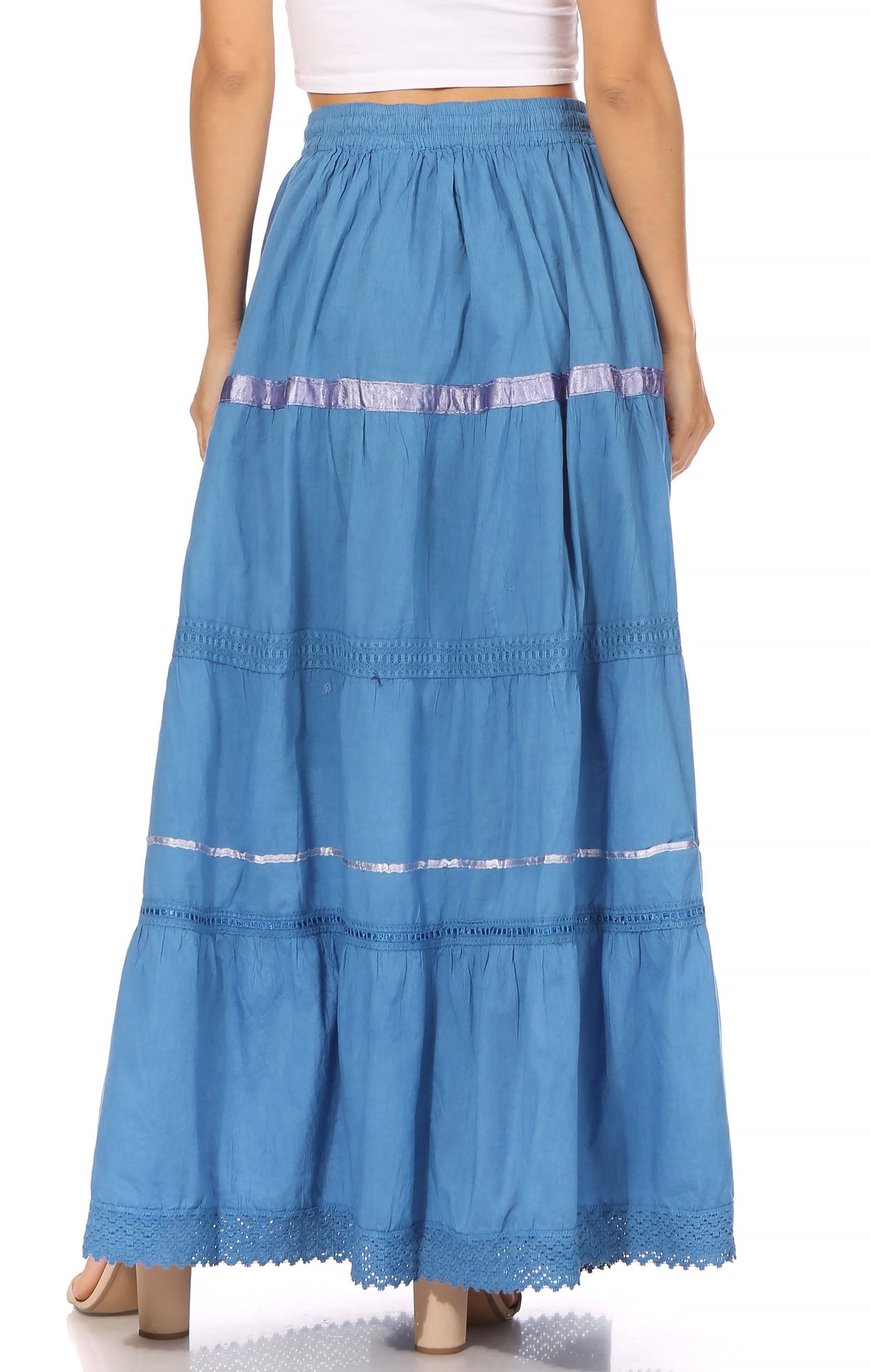 Blue tiered long cotton skirt with embroidered bands and drawstring elastic waist
