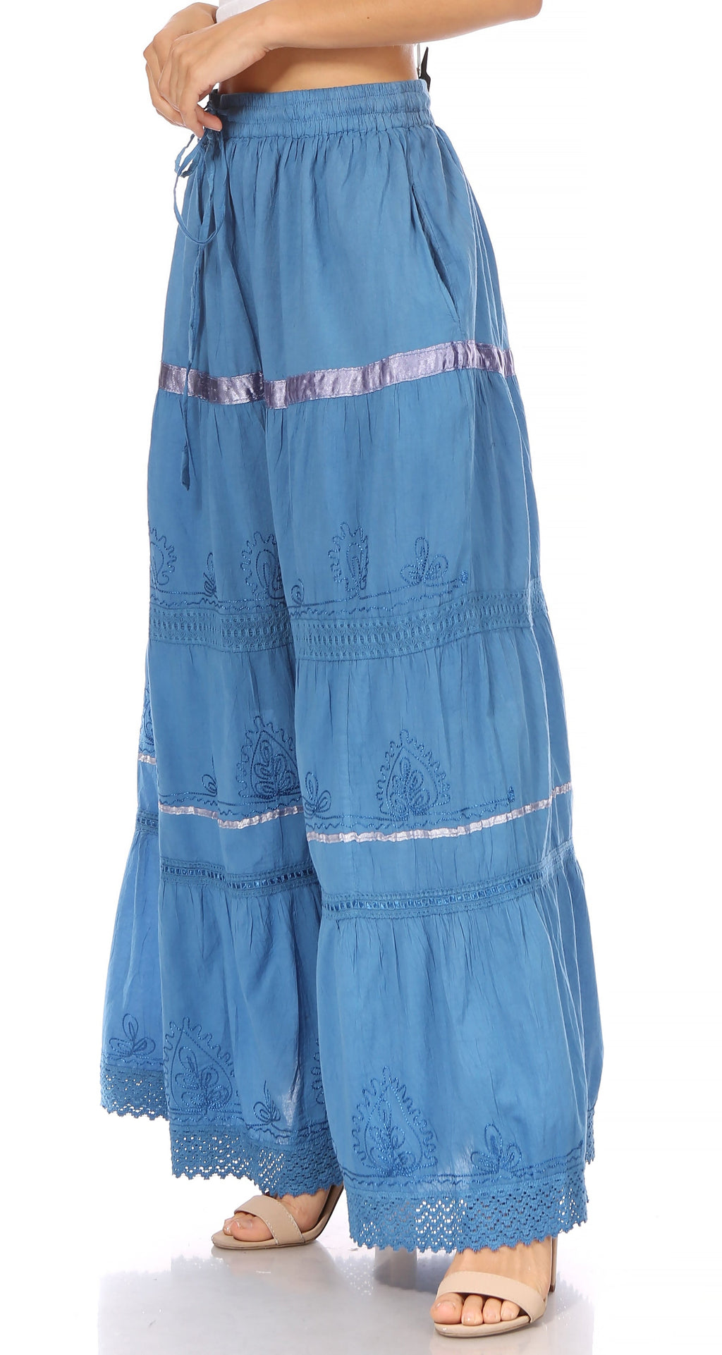 Blue embroidered gypsy-style maxi cotton skirt with tiered ruffles and drawstring waist