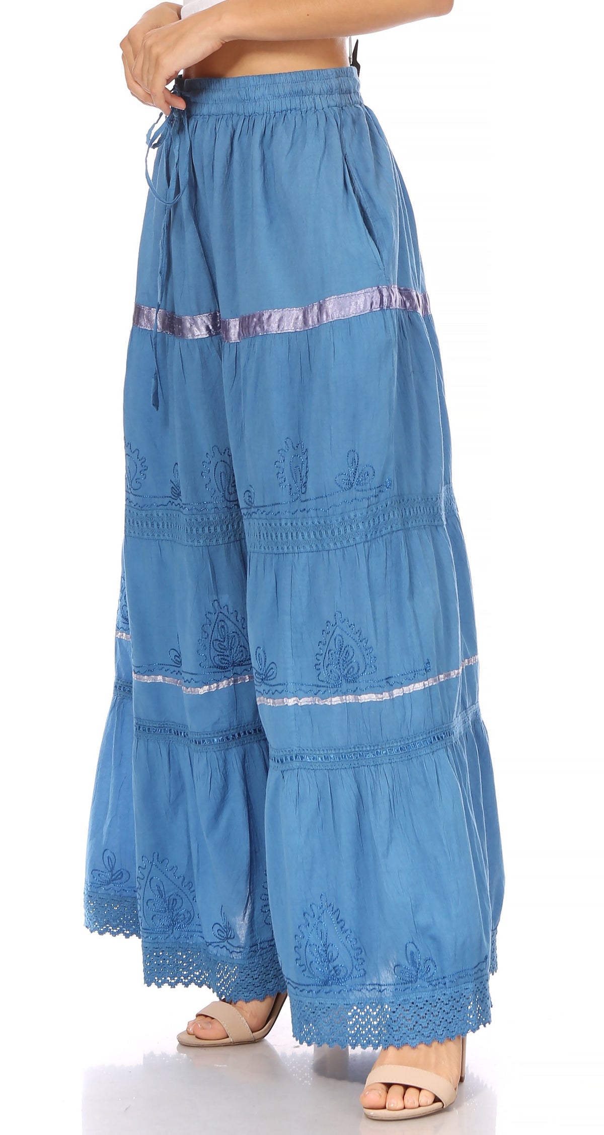 Blue embroidered gypsy-style maxi cotton skirt with tiered ruffles and drawstring waist